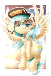Size: 1299x1920 | Tagged: safe, artist:phoenixrk49, imported from derpibooru, oc, oc only, oc:aqua everglow, pegasus, pony, chest fluff, female, hat, looking at you, mare, partial background, pegasus oc, simple background, solo, spread wings, text, white background, wings