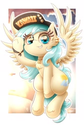 Size: 1299x1920 | Tagged: safe, alternate version, artist:phoenixrk49, imported from derpibooru, oc, oc only, oc:aqua everglow, pegasus, pony, chest fluff, female, hat, looking at you, mare, partial background, pegasus oc, simple background, solo, spread wings, text, white background, wings