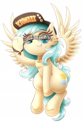 Size: 1299x1920 | Tagged: safe, alternate version, artist:phoenixrk49, imported from derpibooru, oc, oc only, oc:aqua everglow, pegasus, pony, chest fluff, female, hat, looking at you, mare, pegasus oc, simple background, solo, spread wings, text, white background, wings