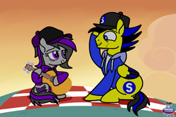 Size: 1093x731 | Tagged: safe, artist:c1trine, artist:mrstheartist, imported from ponybooru, oc, oc only, oc:ponyseb 2.0, oc:viola love, friendship is magic, base used, black outline, cap, clothes, cutie mark, duo, evening, eye contact, guitar, hasbro, hat, headwear, hoodie, looking at each other, married couple, musical instrument, my little pony, oc x oc, outdoors, shipping, sitting, tablecloth, topwear, unzipped