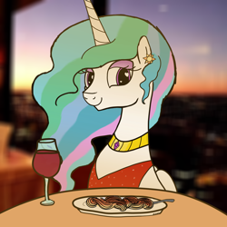 Size: 3000x3000 | Tagged: safe, artist:notawriteranon, princess celestia, alicorn, pony, alcohol, blurred background, clothes, date, dinner, dress, ear piercing, earring, female, food, fork, heart eyes, holiday, jewelry, mare, pasta, piercing, plate, smiling, spaghetti, valentine's day, wine, wingding eyes