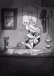 Size: 2520x3492 | Tagged: safe, artist:anontheanon, imported from ponybooru, oc, oc only, oc:belle hop, earth pony, pony, black and white, cigarette, coat rack, crossed legs, desk, diploma, female, grayscale, hang in there, hanging, looking at you, mare, monochrome, poster, smoking, solo, telephone