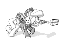 Size: 2570x1609 | Tagged: safe, artist:anontheanon, imported from ponybooru, oc, oc only, oc:belle hop, earth pony, pony, backpack, bellhop, clothes, female, grayscale, mare, monochrome, mouth hold, simple background, solo, uniform, vacuum cleaner, white background