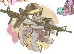 Size: 574x421 | Tagged: safe, artist:plunger, derpy hooves, pegasus, angry, blank flank, chest fluff, female, flying, gun, hat, helmet, mare, simple background, sitting, solo, weapon