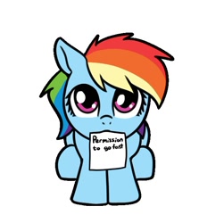 Size: 548x615 | Tagged: safe, artist:neuro, imported from ponybooru, rainbow dash, pegasus, pony, cute, dashabetes, ears, female, floppy ears, holding, looking at you, looking up, mouth hold, nom, offscreen character, permission slip, pov, simple background, solo, transparent background