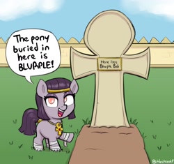 Size: 1880x1768 | Tagged: safe, artist:heretichesh, imported from derpibooru, oc, oc only, oc:mummydew, earth pony, pony, ankh, female, filly, foal, grave, gravestone, headband, pointing, solo, speech bubble, talking to viewer