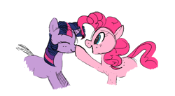Size: 614x336 | Tagged: safe, artist:hattsy, pinkie pie, twilight sparkle, earth pony, pony, unicorn, aggie.io, boop, duo, eyes closed, female, horn, mare, open mouth, simple background, smiling, unicorn twilight, white background