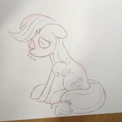 Size: 3024x3024 | Tagged: safe, artist:huodx, applejack, earth pony, pony, female, frown, looking down, mare, monochrome, sad, simple background, sitting, traditional art