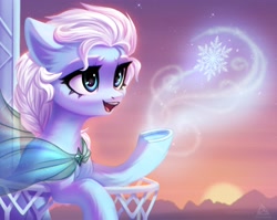Size: 4096x3263 | Tagged: safe, artist:delta hronum, artist:reterica, imported from derpibooru, oc, oc only, earth pony, pony, clothes, collaboration, elsa, female, frozen (movie), mare, open mouth, ponified, raised hoof, smiling, snow, snowflake, stars, sunset