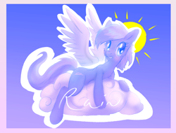 Size: 1940x1476 | Tagged: safe, artist:tiffortat, oc:lavender rain, pegasus, pony, cloud, cute, cyoa:fatelocked, fanfic art, female, laying on stomach, mare, smiling at you, solo, straddling, wings