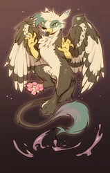 Size: 1020x1599 | Tagged: safe, artist:swaybat, imported from derpibooru, oc, oc only, oc:dillinger, griffon, chest fluff, eyelashes, gradient background, griffon oc, grin, male, one eye closed, pale belly, paw pads, paws, raffle prize, raised paw, smiling, solo, spread wings, underpaw, wings