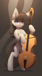 Size: 1648x3000 | Tagged: safe, artist:n_thing, imported from derpibooru, octavia melody, earth pony, pony, bipedal, black mane, black tail, bow (instrument), cello, cello bow, cheek fluff, chest fluff, cutie mark background, ear fluff, eyebrows, eyebrows visible through hair, eyelashes, female, gray coat, high res, looking at you, mare, musical instrument, playing instrument, purple eyes, solo, tail