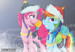 Size: 1024x710 | Tagged: safe, artist:lesiwtroublemaker, imported from derpibooru, pinkie pie, rainbow dash, earth pony, pegasus, pony, the lost treasure of griffonstone, backpack, bag, duo, female, hat, mare, saddle bag, scene interpretation, signature