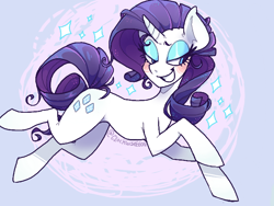 Size: 680x512 | Tagged: safe, artist:clockwiseleon, imported from derpibooru, rarity, pony, unicorn, blushing, female, grin, lidded eyes, mare, signature, smiling, solo