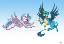 Size: 1280x880 | Tagged: safe, artist:mad--munchkin, imported from derpibooru, gallus, silverstream, griffon, hippogriff, commission, deviantart watermark, duo, female, flying, gallstream, male, obtrusive watermark, shipping, signature, straight, watermark