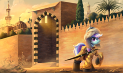 Size: 5000x3000 | Tagged: safe, artist:atlas-66, imported from derpibooru, oc, oc only, pony, cap, city, desert, hat, islam, plants, sand, saracen, scenery, solo, sword, tree, weapon