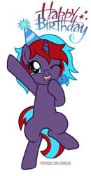 Size: 624x1200 | Tagged: safe, imported from derpibooru, oc, oc only, oc:charming dazz, pony, unicorn, bipedal, happy, happy birthday, hat, jumping, looking at you, one eye closed, party hat, simple background, smiling, solo, transparent background, vector, wink, winking at you