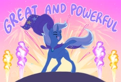 Size: 3648x2481 | Tagged: safe, artist:bluefeathercat, imported from derpibooru, trixie, pony, unicorn, cape, clothes, eyes closed, female, fireworks, great and powerful, grin, hat, mare, raised leg, smiling, solo, stage, trixie's cape, trixie's hat, windswept mane