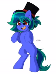 Size: 2019x2672 | Tagged: safe, artist:cottonsweets, imported from derpibooru, oc, oc only, oc:beth, earth pony, pony, bipedal, earth pony oc, eye clipping through hair, hat, open mouth, simple background, solo, top hat, white background