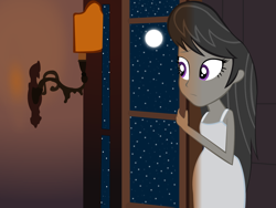 Size: 1122x844 | Tagged: safe, artist:hakdurbin, imported from derpibooru, octavia melody, equestria girls, clothes, female, full moon, moon, night, nightgown, sleepwear, solo, stars, white dress