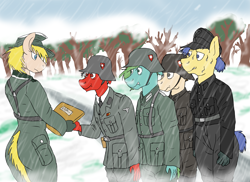 Size: 7015x5100 | Tagged: safe, imported from derpibooru, oc, oc:juninho, anthro, clothes, female, girly, male, military uniform, rain, snow, tree, uniform, wehrmacht, world war ii