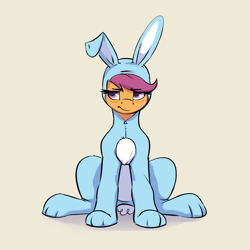 Size: 1952x1952 | Tagged: safe, artist:aquaticvibes, imported from derpibooru, scootaloo, pegasus, pony, angry, animal costume, blushing, bunny costume, clothes, costume, cute, cutealoo, embarrassed, eyebrows, eyebrows visible through hair, female, filly, foal, madorable, scootaloo is not amused, simple background, sitting, solo, unamused