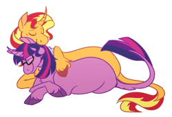 Size: 966x660 | Tagged: safe, artist:helianthanas, imported from derpibooru, sci-twi, sunset shimmer, twilight sparkle, classical unicorn, pony, unicorn, equestria girls, cloven hooves, duo, duo female, equestria girls ponified, eyes closed, female, glasses, hug, leonine tail, lesbian, lying down, mare, ponified, prone, scitwishimmer, shipping, simple background, smiling, sunsetsparkle, transparent background, unicorn sci-twi, unshorn fetlocks