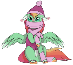 Size: 1024x915 | Tagged: safe, artist:fluffy-fillies, imported from derpibooru, oc, oc only, oc:summer harvest, pegasus, pony, blushing, clothes, ear blush, eyebrows, eyebrows visible through hair, female, filly, floppy ears, foal, hat, leg warmers, offspring, parent:big macintosh, parent:fluttershy, parents:fluttermac, pegasus oc, scarf, simple background, sitting, solo, spread wings, transparent background, unshorn fetlocks, vest, wings