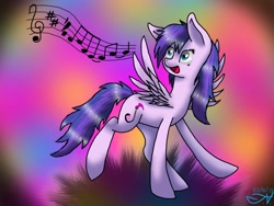 Size: 1024x768 | Tagged: safe, artist:lycantrin, imported from derpibooru, oc, oc only, oc:purple roselyn, pegasus, pony, 2015, female, mare, music notes, solo