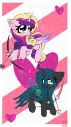 Size: 2160x3840 | Tagged: safe, artist:jubyskylines, imported from derpibooru, princess cadance, queen chrysalis, arrow, bow (weapon), bow and arrow, grumpy, holiday, valentine's day, weapon