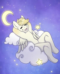 Size: 1634x2004 | Tagged: safe, artist:pipshaven, imported from derpibooru, oc, oc only, oc:exist, pegasus, semi-anthro, cloud, cute, dreamy, eyes closed, moon, night, open mouth, open smile, partially open wings, sky, sleeping, smiling, solo, stars, wings