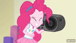 Size: 640x360 | Tagged: safe, imported from derpibooru, screencap, pinkie pie, equestria girls, equestria girls series, holidays unwrapped, spoiler:eqg series (season 2), animated, clothes, cutie mark on clothes, eyes closed, female, geode of sugar bombs, gif, gifs.com, grin, jewelry, magical geodes, necklace, o come all ye squashful, radio, smiling, solo, tanktop
