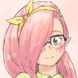 Size: 396x396 | Tagged: safe, artist:yanamosuda, imported from derpibooru, fluttershy, human, equestria girls, cute, glasses, hair over one eye, humanized, smiling