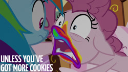 Size: 1280x720 | Tagged: safe, edit, edited screencap, editor:quoterific, imported from derpibooru, screencap, pinkie pie, rainbow dash, earth pony, pegasus, pony, 28 pranks later, season 6, cookie zombie, duo, female, floppy ears, mare, open mouth, sugarcube corner