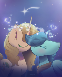 Size: 1800x2250 | Tagged: safe, artist:miryelis, imported from derpibooru, oc, oc:lia, pegasus, pony, unicorn, cute, female, heart, hearts and hooves day, kissing, lesbian, long mane, love, simple background, stars
