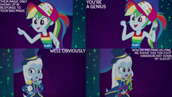Size: 4400x2475 | Tagged: safe, edit, edited screencap, editor:quoterific, imported from derpibooru, screencap, rainbow dash, trixie, equestria girls, equestria girls series, spring breakdown, spoiler:eqg series (season 2), cap, clothes, cute, cutie mark on clothes, dashabetes, duo, duo female, female, geode of super speed, hat, magical geodes, open mouth, open smile, pointing, ponytail, sleeveless, smiling