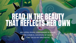 Size: 1920x1080 | Tagged: safe, edit, editor:quoterific, idw, imported from derpibooru, mistmane, princess luna, alicorn, pony, unicorn, legends of magic, spoiler:comic, duo, female, floppy ears, mare, open mouth, open smile, smiling, text, the tales of mistmane