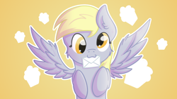 Size: 1920x1080 | Tagged: safe, artist:exobass, imported from derpibooru, derpy hooves, pegasus, pony, cute, derp, derpabetes, letter, mouth hold, solo, spread wings, wallpaper, wings