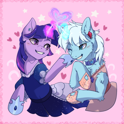 Size: 6600x6600 | Tagged: safe, artist:alechan, imported from derpibooru, twilight sparkle, oc, oc:crystal tundra, alicorn, pony, unicorn, clothes, collar, couple, crossdressing, dress, ear piercing, earring, female, fluffy, heart, hearts and hooves day, hoof shoes, jewelry, magic, magic aura, male, mare, multiple variants, piercing, pink background, simple background, stallion, stars