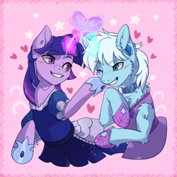 Size: 6600x6600 | Tagged: safe, alternate version, artist:alechan, imported from derpibooru, twilight sparkle, oc, oc:crystal tundra, alicorn, pony, unicorn, clothes, collar, couple, crossdressing, dress, ear piercing, earring, female, fluffy, heart, hearts and hooves day, hoof shoes, jewelry, magic, magic aura, male, mare, multiple variants, piercing, pink background, simple background, stallion, stars