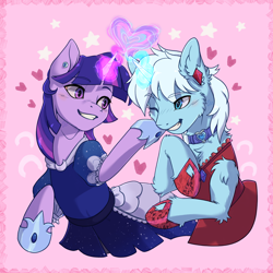 Size: 6600x6600 | Tagged: safe, alternate version, artist:alechan, imported from derpibooru, twilight sparkle, oc, oc:crystal tundra, alicorn, pony, unicorn, clothes, collar, couple, crossdressing, dress, ear piercing, earring, female, fluffy, heart, hearts and hooves day, hoof shoes, jewelry, magic, magic aura, male, mare, multiple variants, piercing, pink background, simple background, stallion, stars