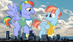 Size: 2048x1195 | Tagged: safe, artist:cheezedoodle96, artist:electrochoc, artist:thegiantponyfan, edit, imported from derpibooru, bow hothoof, windy whistles, pegasus, pony, colorado, denver, female, giant pegasus, giant pony, giantess, highrise ponies, irl, looking at each other, looking at someone, macro, male, mare, mega giant, photo, ponies in real life, shipping, spread wings, stallion, story included, straight, windyhoof, wings