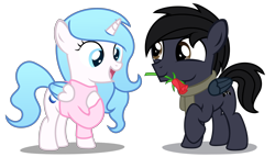 Size: 5136x2944 | Tagged: safe, artist:strategypony, imported from derpibooru, oc, oc only, oc:darkdj, oc:madelyne ruiz, alicorn, pegasus, pony, clothes, colt, duo, female, filly, flower, foal, hearts and hooves day, holiday, male, mouth hold, raised hoof, rose, scarf, shipping, simple background, sweater, transparent background, valentine's day