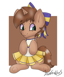 Size: 1473x1753 | Tagged: safe, artist:itwasscatters, imported from derpibooru, oc, oc only, oc:heroic armour, pony, unicorn, bow, brown coat, brown mane, brown tail, cheerleader, cheerleader outfit, clothes, colt, crossdressing, dress, foal, frog (hoof), hair bow, hooves, hooves to the chest, horn, looking at you, male, signature, simple background, sitting, smiling, solo, tail, underhoof, unicorn oc