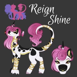 Size: 2000x2000 | Tagged: safe, artist:teonnakatztkgs, imported from derpibooru, oc, oc only, hybrid, pony, unicorn, bio in description, black background, bracelet, bust, ear piercing, horn, interspecies offspring, jewelry, neck rings, offspring, parent:discord, parent:rarity, parents:raricord, piercing, reference sheet, ring, simple background, tail, tail ring, unicorn oc