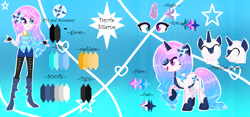 Size: 1294x606 | Tagged: safe, artist:yulianapie26, imported from derpibooru, oc, oc only, pony, unicorn, equestria girls, base used, boots, equestria girls-ified, heterochromia, high heel boots, horn, raised hoof, reference sheet, shoes, shrug, smiling, unicorn oc