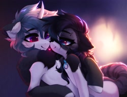 Size: 3776x2879 | Tagged: safe, artist:shenki, imported from derpibooru, oc, oc only, oc:bloody sky, oc:shenki, cat, earth pony, hybrid, pony, unicorn, black mane, blue eye, cheek fluff, chest fluff, collar, collar ring, colored pupils, duo, embrace, eye contact, eyebrow piercing, eyebrows, eyebrows visible through hair, eyelashes, floating heart, floppy ears, gray mane, heart, heterochromia, high res, horn, hug, human shoulders, hybrid oc, looking at each other, looking at someone, multicolored eyes, piercing, red eye, romantic, shipping, smiling, smiling at each other, two toned coat, unicorn oc