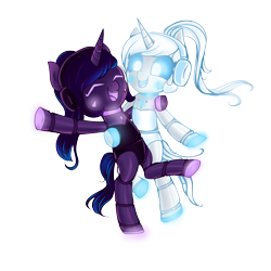 Size: 3000x3000 | Tagged: safe, artist:opal_radiance, imported from derpibooru, oc, oc only, pony, robot, robot pony, unicorn, bipedal, dancing, duo, grin, horn, simple background, smiling, transparent background, unicorn oc