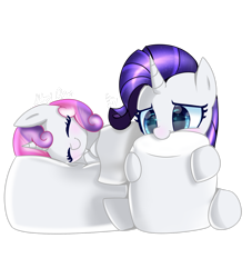 Size: 1920x2112 | Tagged: safe, artist:opal_radiance, imported from derpibooru, rarity, sweetie belle, pony, unicorn, duo, eyelashes, eyes closed, female, filly, foal, food, hug, mare, marshmallow, pillow, pillow hug, simple background, sleeping, transparent background
