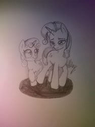 Size: 768x1024 | Tagged: safe, artist:opal_radiance, imported from derpibooru, rarity, sweetie belle, pony, unicorn, duo, duo female, eyelashes, female, lineart, looking at each other, looking at someone, mare, raised hoof, signature, smiling, smiling at each other, traditional art